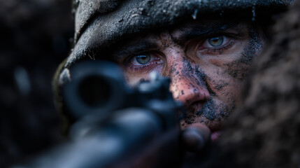 Obraz premium Close-up of a soldier aiming a rifle with intense focus, face covered in dirt and wearing tactical gear. 