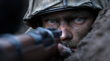 Obraz premium Close-up of a soldier aiming a rifle with intense focus, face covered in dirt and wearing tactical gear. 