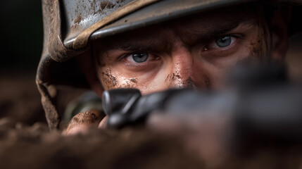 Obraz premium Close-up of a soldier aiming a rifle with intense focus, face covered in dirt and wearing tactical gear. 