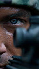 Obraz premium Close-up of a soldier aiming a rifle with intense focus, face covered in dirt and wearing tactical gear. 