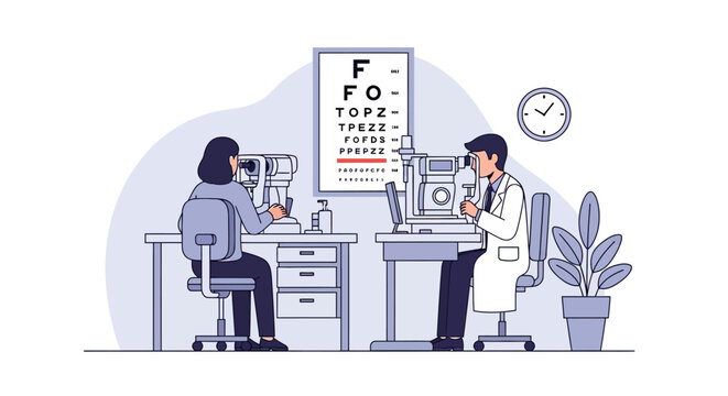 Vector illustration Eye exam in clinic. Optometrist tests patient vision with Snellen chart and equipment, ensuring optical health, professional medical care, and clear sight for visual wellness