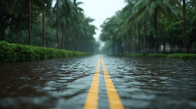 A flooded road lined with palm trees is submerged under water, reflecting the yellow double lines in a tropical area during heavy rain.