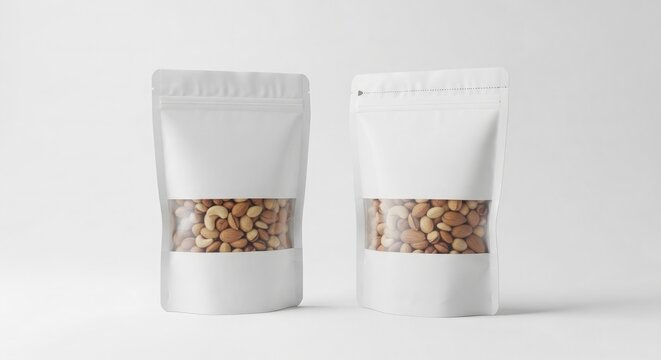 Two white resealable snack bags with nuts on a clean white background