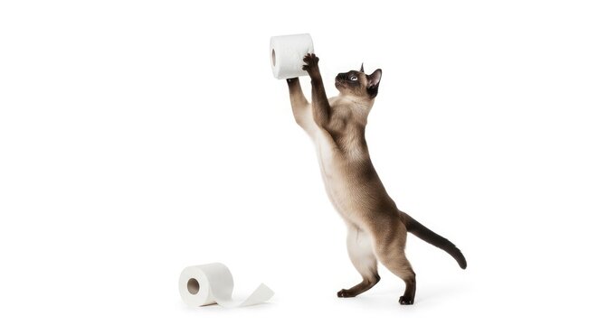 Mischievous cat playing with toilet paper roll