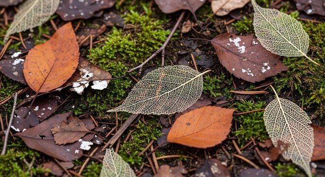Autumn Forest Floor with Fallen Leaves and Moss.