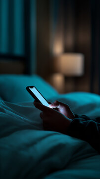 Person using smartphone in bed at night illuminated by blue light creating insomnia and digital addiction concept