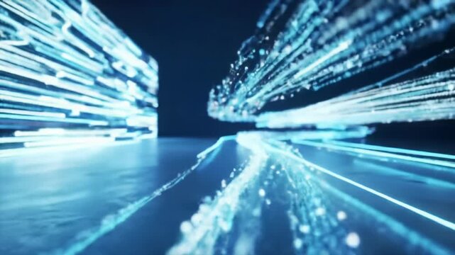 Pristine, hyper-modern digital environment, shimmering ethereal data streams flow across sleek floor and translucent screen. Slow dolly video with ambient backlighting captures dynamic movement.