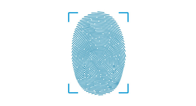 Detailed digital blue fingerprint scan centered within a square framing representing biometric security identity verification and forensic science.
