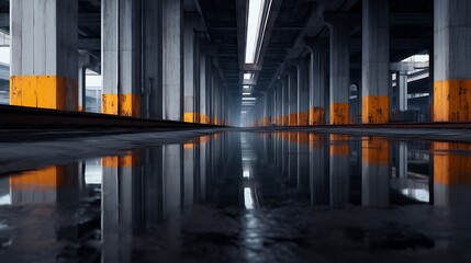 Obraz premium An empty industrial parking garage with concrete pillars reflected in water on the floor, featuring orange safety markings and dim lighting.