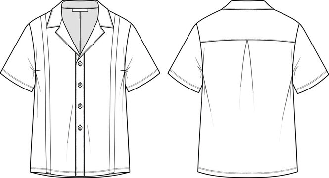 Men short sleeve guayabera shirt with cuban collar technical fashion sketch front and back view vector illustration template isolated.