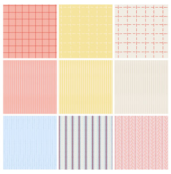 Collection of seamless vector patterns with vertical stripes, dashed stitched lines and check grid variation in soft and muted colors. Includes simple geometric and minimal textile designs suitabl