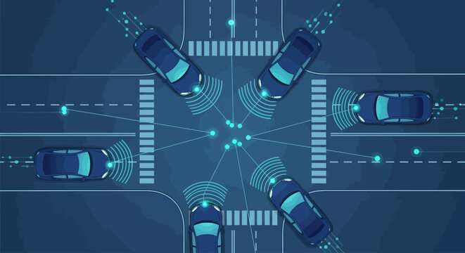 Autonomous vehicles connected on road.