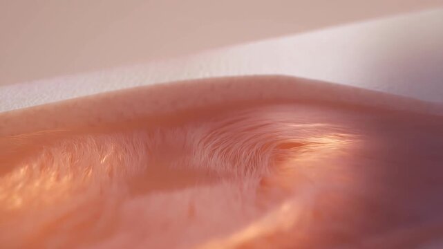 Animated close-up of collagen fibers in skin cross-section showing soft undulating motion with warm natural light highlighting 3D depth and biological elasticity, skin texture footage