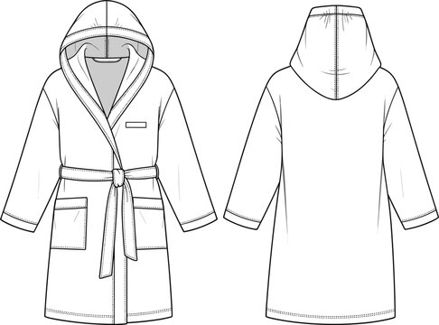 Technical fashion flat of a hooded bathrobe or dressing gown vector illustration featuring front and back views for loungewear design apparel tech pack and spa template on white background.