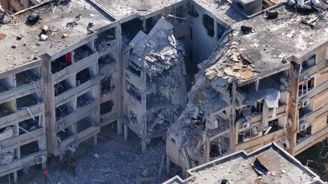 Aerial view Holon missile Iranian strike destruction Israel

Drone footage showing rescue teams at missile impact site in Holon residential area Israel June 14 2025
