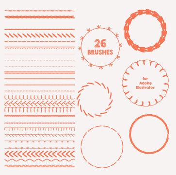 Vector set of hand drawn stitch brushes with dashed lines, decorative borders and circular frames. Includes various sewing style strokes and ornaments suitable for design, scrapbooking