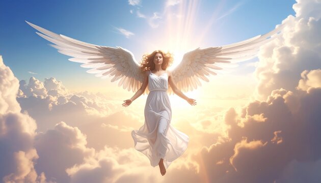 白い翼を広げて雲の中から降臨する女性の天使