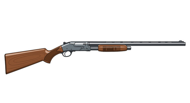 Long barreled pump action shotgun with a wooden stock and grip is illustrated in a realistic and detailed profile view.