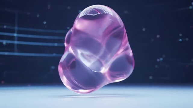 Glowing pink and purple amorphous fluid form dynamically morphing against a minimalist digital background with futuristic grid lines, captured in a slow push-in video with ample negative space.
