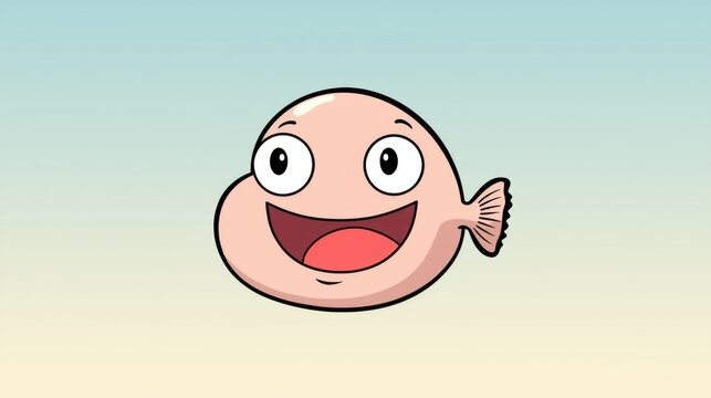 Cartoon blobfish with exaggerated happy face and wide open mouth on gradient background