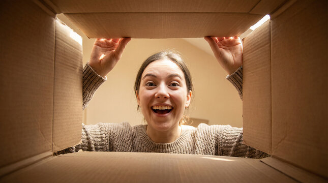 excited young woman opening cardboard box and smiling at camera, unboxing surprise package at home, ecommerce delivery concept, joyful reaction, lifestyle shopping, happy customer happines experience 