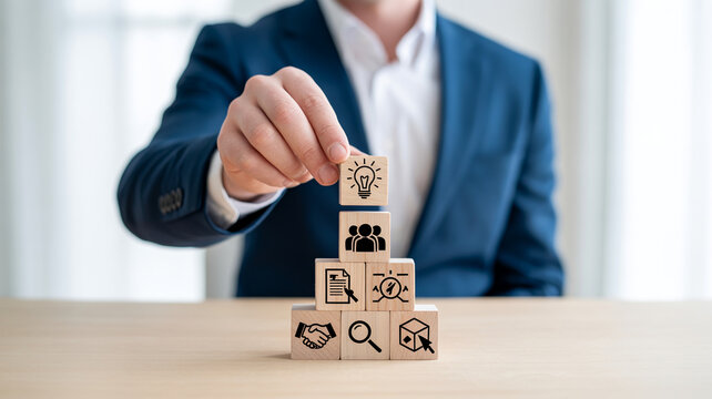 Businessman in a blue suit carefully placing a wooden block with a lightbulb icon atop a pyramid of business concept blocks on a light wooden desk ind