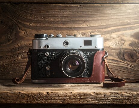 Vintage camera sits snugly in a brown leather case on a rustic wooden shelf against a wooden backdrop