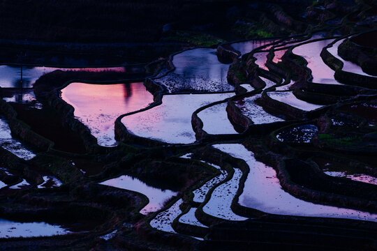 Sunrise over the historical Hani rice terrace in Yuanyang, Honghe, Yunnan, China