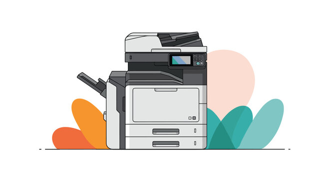 Large multi-function office copier and printer station with colorful abstract backgrounds represents modern business documentation and technology.