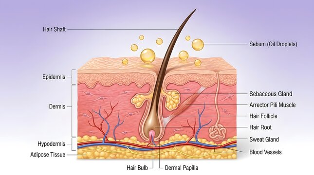 Anatomical diagram of human skin with labeled hair follicle and sebaceous gland structures