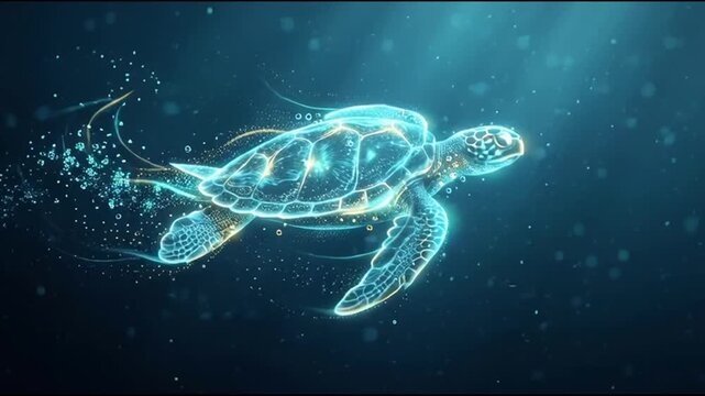 Glowing Neon Sea Turtle Swimming for World Turtle Day