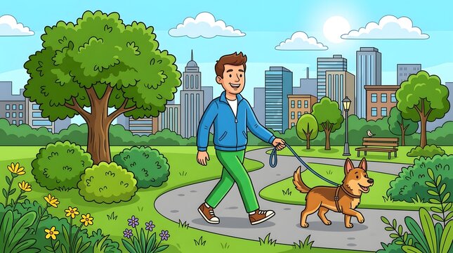A cartoon man walking his dog in a vibrant city park on a sunny day