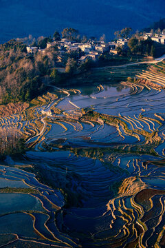 Sunset over the historic Hani rice terraces, with a Hani village overlooking the centuries-old landscape.