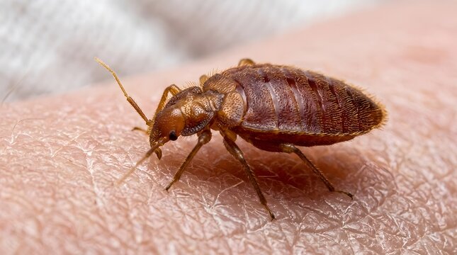 A close-up view of a bed bug crawling on human skin