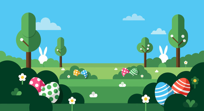 easter egg hunt flat design in a vibrant green spring landscape with colorful easter eggs and cute rabbits hidden among bushes.