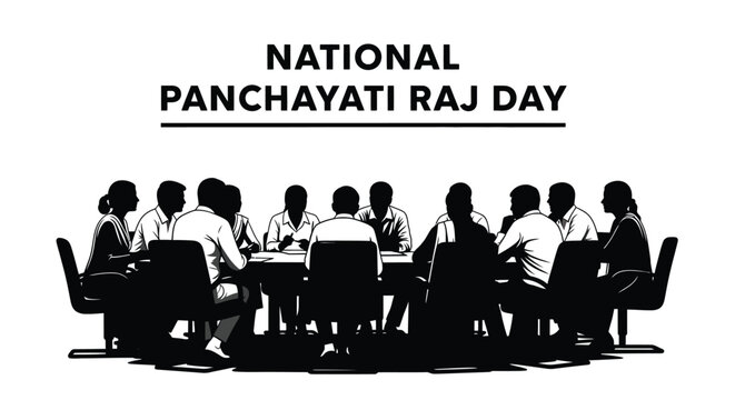 Black and white vector graphic illustration of people attending a government meeting for National Panchayati Raj Day