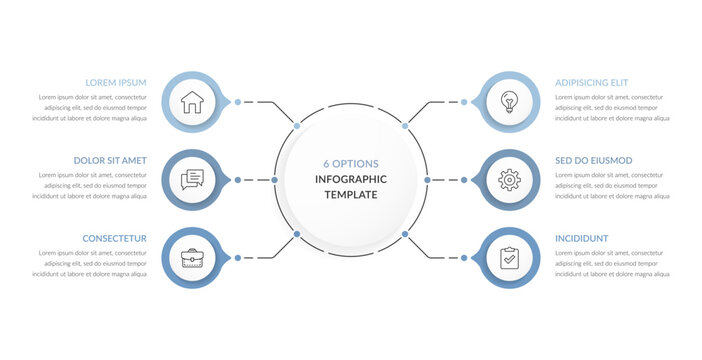 Infographic template with a central circle connected to six options for data visualization, mind map or flow chart template