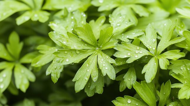 lovage. A lush green lovage plant with dewdrops in a morning garden. gardening catalogs, home-decor guides, designed for home decor and floral branding, used by ngo communicators.