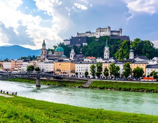 Fototapeta premium Cityscape view castle on hill, river in foreground, colorful buildings
