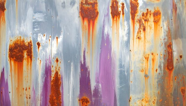 Corroded metal surface with rust streaks over grey, purple, & white
