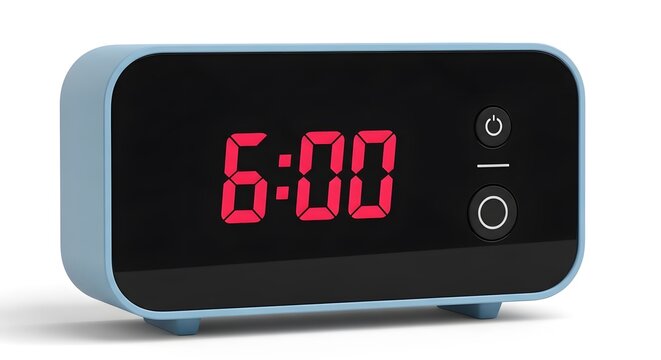 A modern digital alarm clock with a black screen and red numbers on a white background