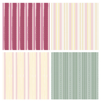 Set of seamless vector patterns with vertical stripes and dashed line elements in soft pastel colors. Minimal geometric textile backgrounds suitable for fabric, wrapping, wallpaper, and stationery 