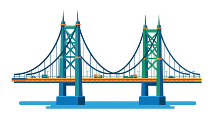 Fototapeta premium Colorful illustration of a suspension bridge with vehicles on the roadway