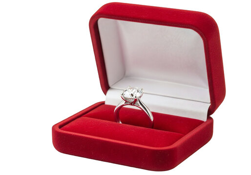 Diamond ring in red velvet jewelry box isolated on transparent background