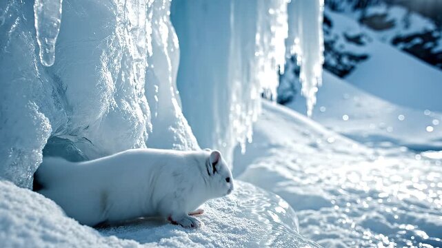 A small white ermine emerges from an icy cave in a snowy mountain landscape.