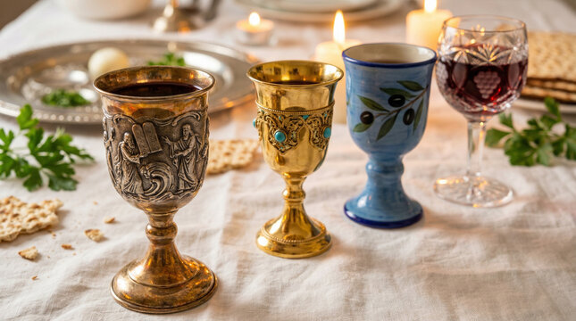 Four ornate Kiddush cups on Passover table with wine being poured