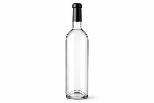 Isolado no fundo branco, mockup de garrafa de vidro transparente vazia com c&aacute;psula preta para vinho ou destilados
