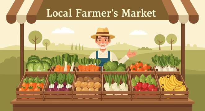 Farmer selling fresh produce market stand.