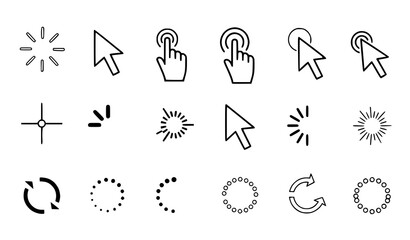 Fototapeta premium User Interface Cursor and Loading Icon Set Featuring Pointer Clicks, Spinners, Progress Indicators, Refresh Arrows, and Interaction Symbols for Web and App Design
