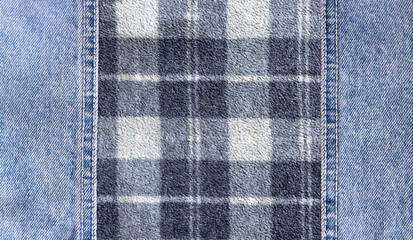 Blue denim texture with a seam and plaid fleece texture. Light blue color denim jeans material and cozy fleece fabric texture with checkered pattern. Mock up template. Copy space for text © frenta